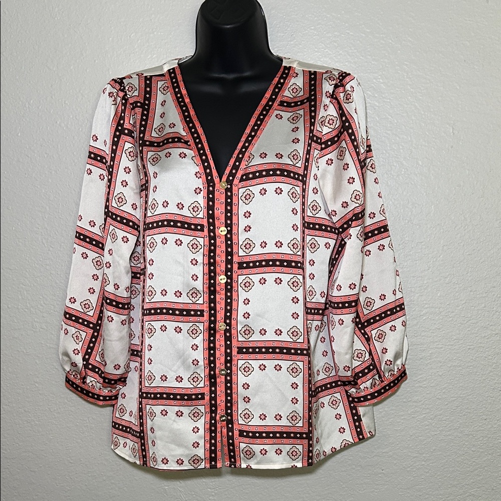 LOFT Women's Blouse with Red and Black Geometric Pattern